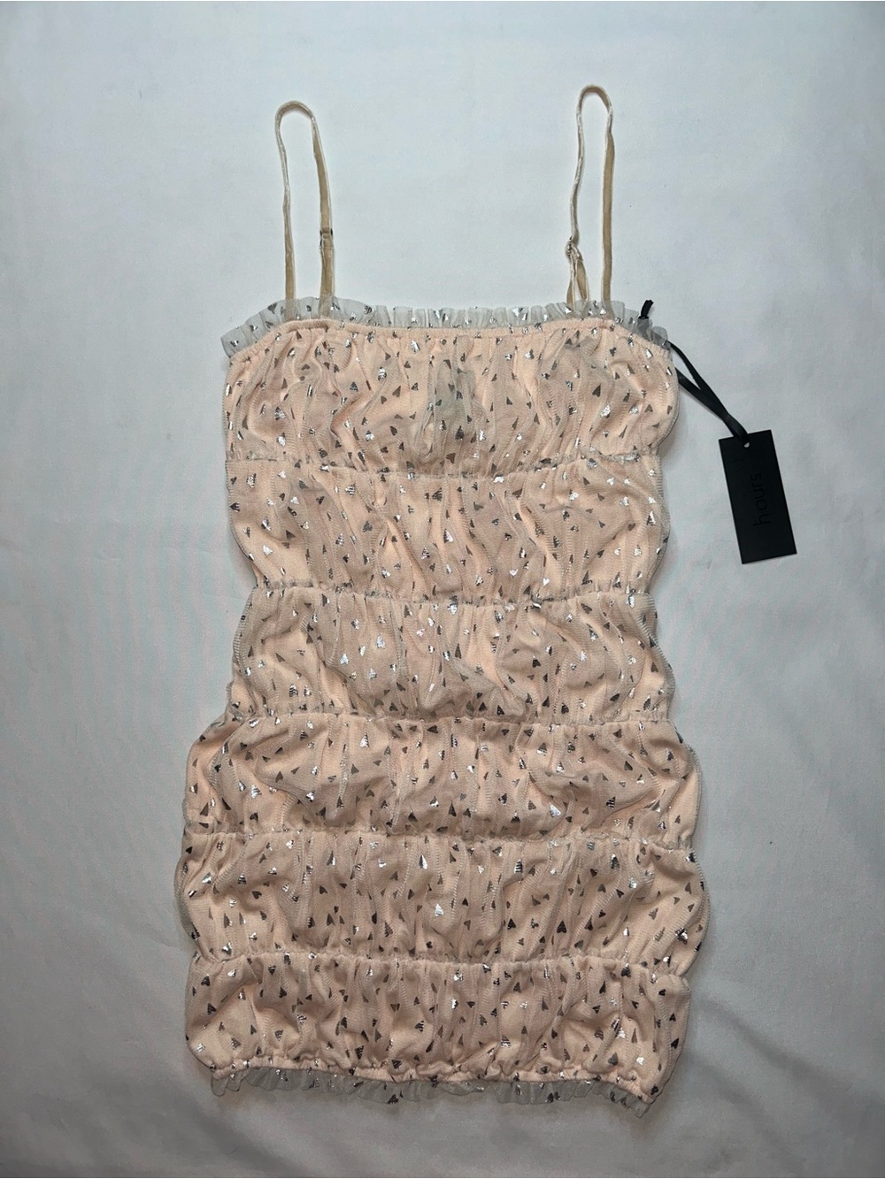 H:ours x Revolve Pink Silver Hearts Ruched Mini Dress NWT Size XS